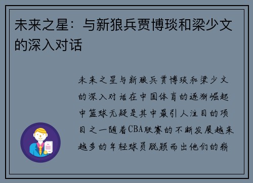 未来之星：与新狼兵贾博琰和梁少文的深入对话