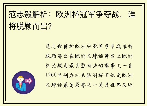 范志毅解析：欧洲杯冠军争夺战，谁将脱颖而出？
