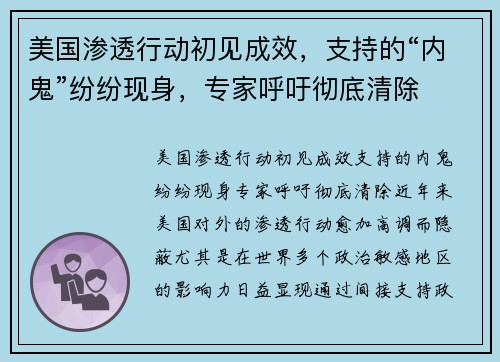 美国渗透行动初见成效，支持的“内鬼”纷纷现身，专家呼吁彻底清除