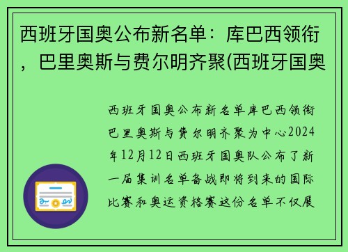 西班牙国奥公布新名单：库巴西领衔，巴里奥斯与费尔明齐聚(西班牙国奥vs巴西国奥)